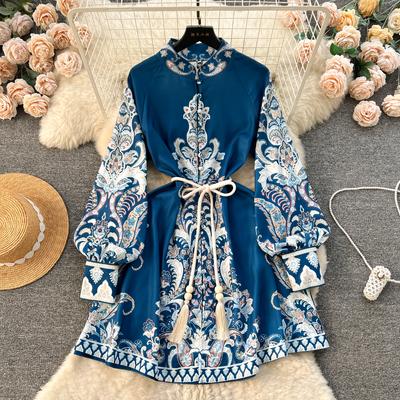 Robe courte à fleurs pour femmes, manches longues lanterne, col montant, ourlet Palace, motif cachemire froncé, en coton, nouvelle collection printemps 2024