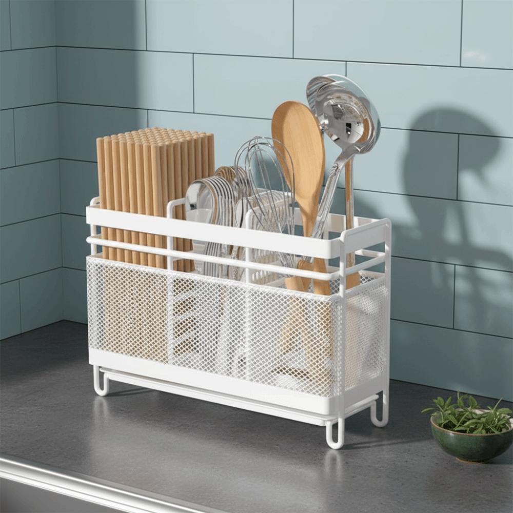 Rust Proof Chopsticks Storage Holder Space Saving with Drain Tray Cutlery Draining Rack Wall-Mounted Cutlery Storage Shelf