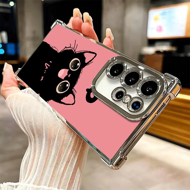 Black Cat Cartoon Cute Plating Phone Case For Samsung Galaxy S24 S25 FE S26 Edge S23 Ultra S22 S21 Plus S20 Anti-Fall Airabag Co