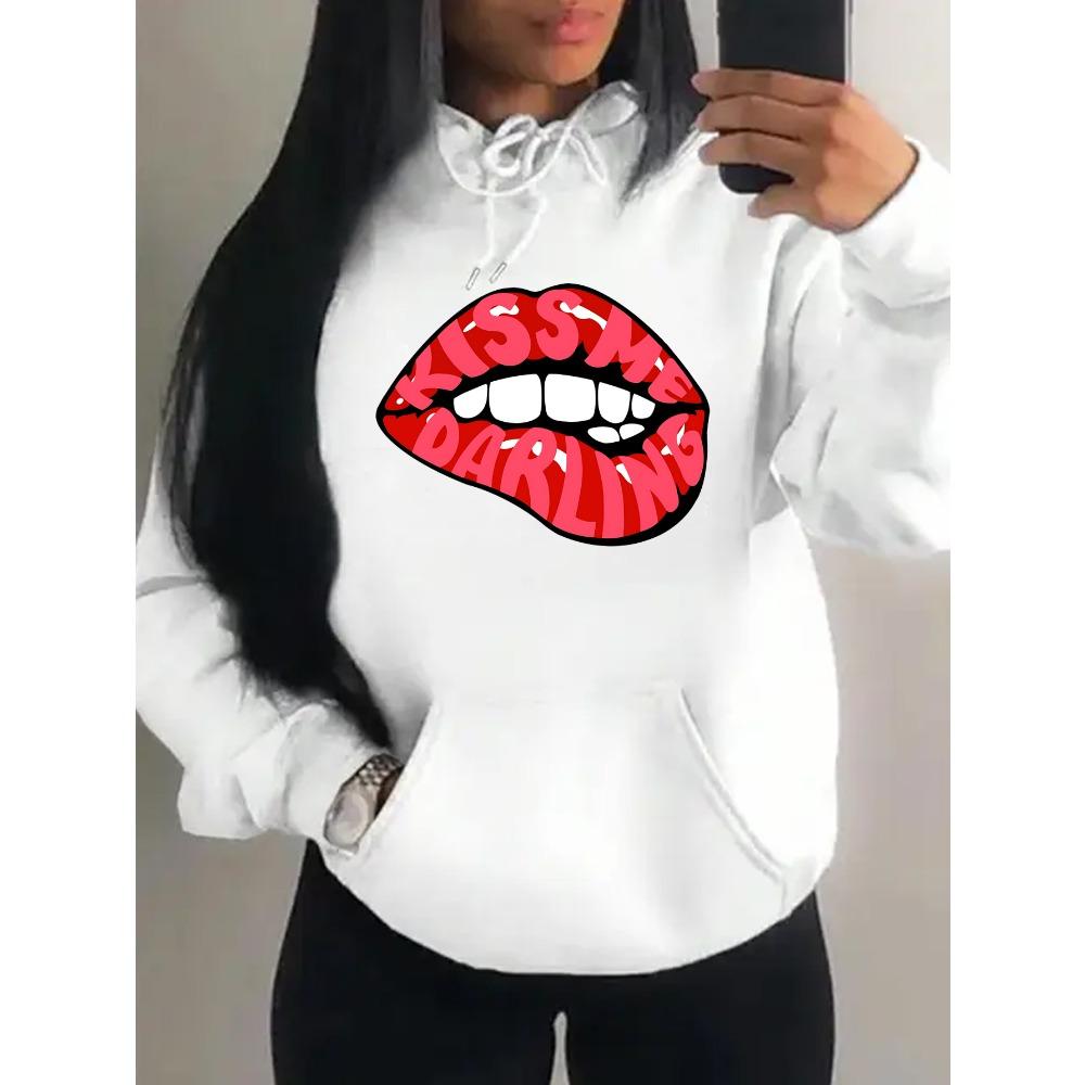Kiss Me Darling Red Lips Print Hoodies Woman Autumn Fleece Hoody Casual Hip Hop Streetwear Loose Pullovers