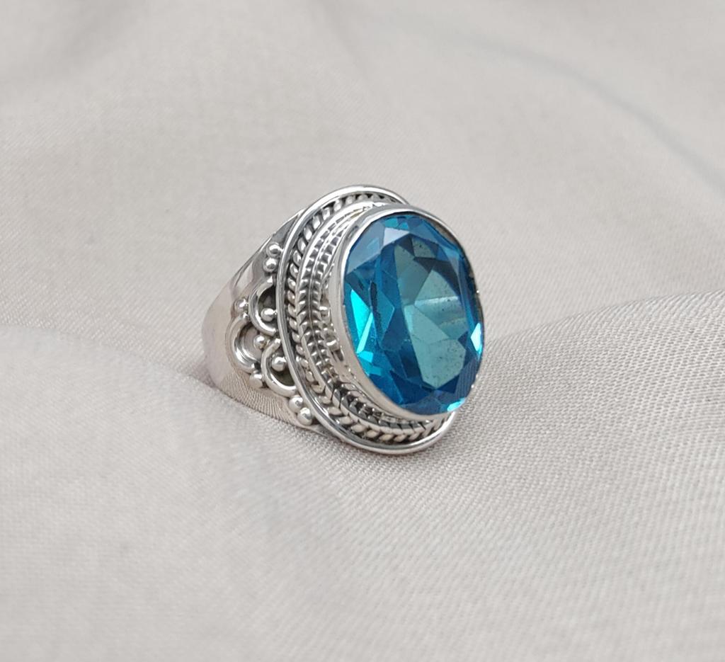 Blue Topaz Ring: Handmade 925 Sterling Silver Boho Statement Jewelry