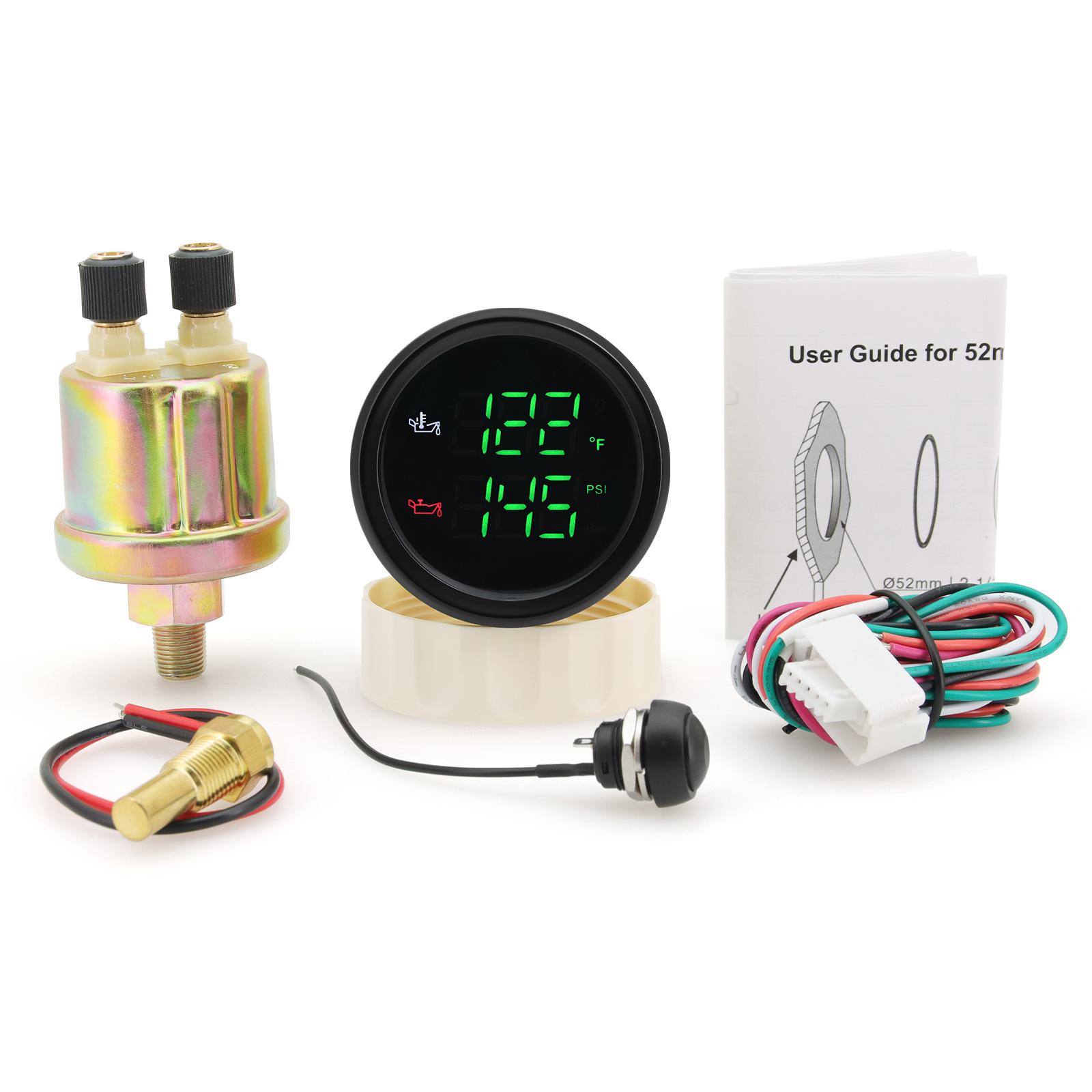 Digital 2 in 1 Gauge Oil Temp Oil Pressure With Alarm 2 52mm Temperature Pressure Gauge For Marine Car Boat Meter 12V 24V зелёный