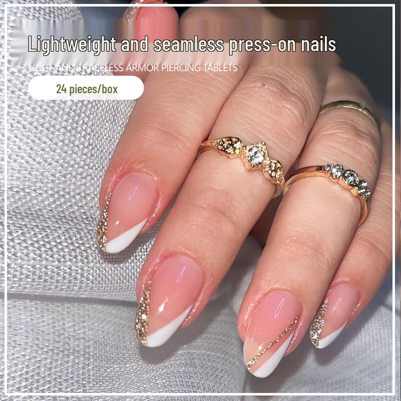 Short White Gold Glitter French Manicure Fake Nails