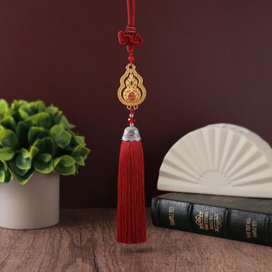 Chinese Style Gourd Car Hanging Decoration Rotatable Fu Character Gourd Tassels Car Rearview Mirror Charm Feng Shui Ornament Pendant Accessories