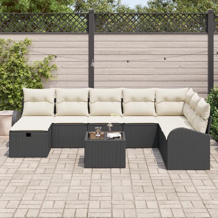 VidaXL Ensemble de canapés de jardin 9 pièces avec coussins noir en poly rattan 3359136