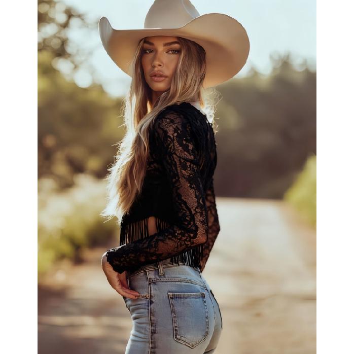 

2026 New Women s Sexy Hollow Out Top with V-Neck, Lace, and Tassel Long Sleeves 3XL чорний
