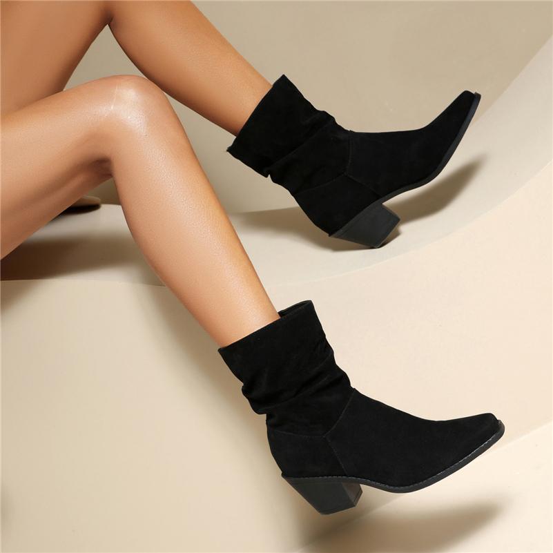 Dámské kotníkové boty hranatá špička silný vysoký podpatek plisované krátké boty stručné dámské módní boty zimní černé khaki hnědé 43