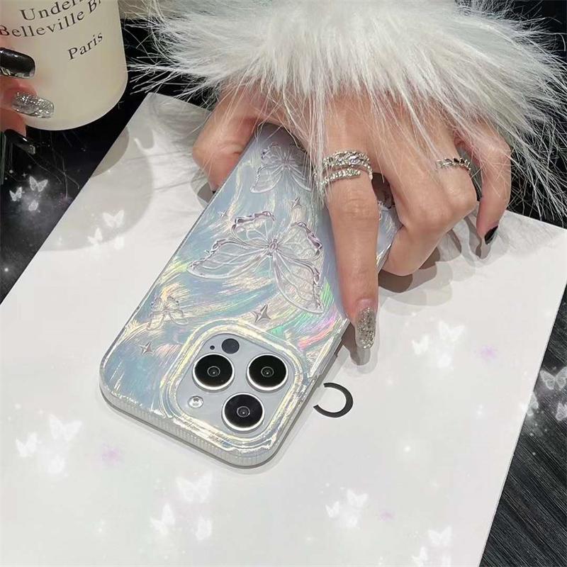 Funda para teléfono con patrón de concha láser de pluma de mariposa coreana para iPhone 15 13 Pro Max 14 Pro 12 11 Cubierta de lujo con purpurina