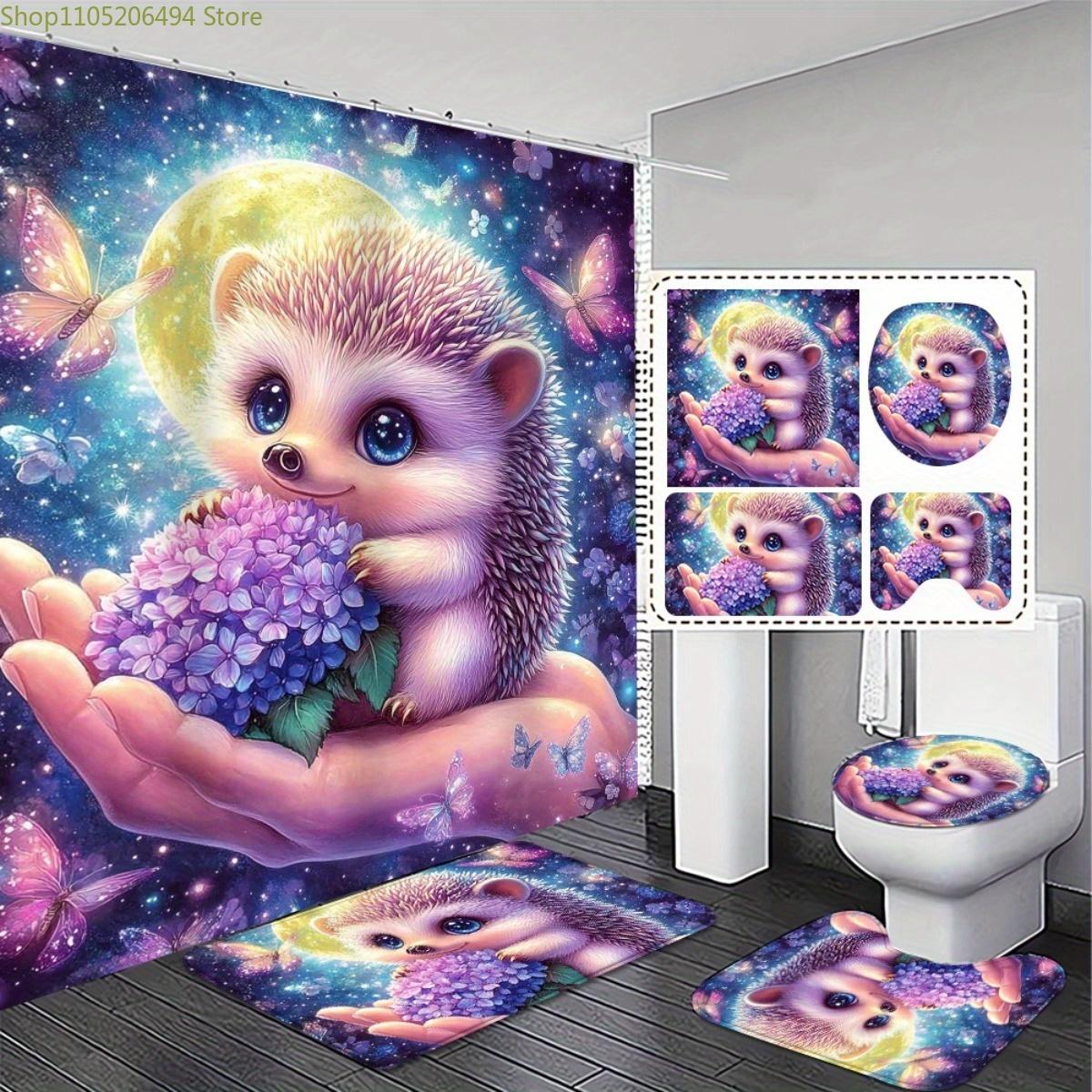 

1/3/4pcs. Cartoon Cute Innovative Hedgehog Design 2D FLAT Shower Curtain and Non-Slip Bath Mat Set - Perfect for Adding a Touc 4pcs-Set