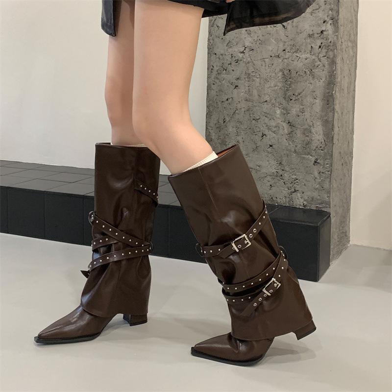 2025 Autumn and Winter New Trouser Boots Thick Heel Rivet Belt Buckle But Knee Boots Pointed High Boots Women
