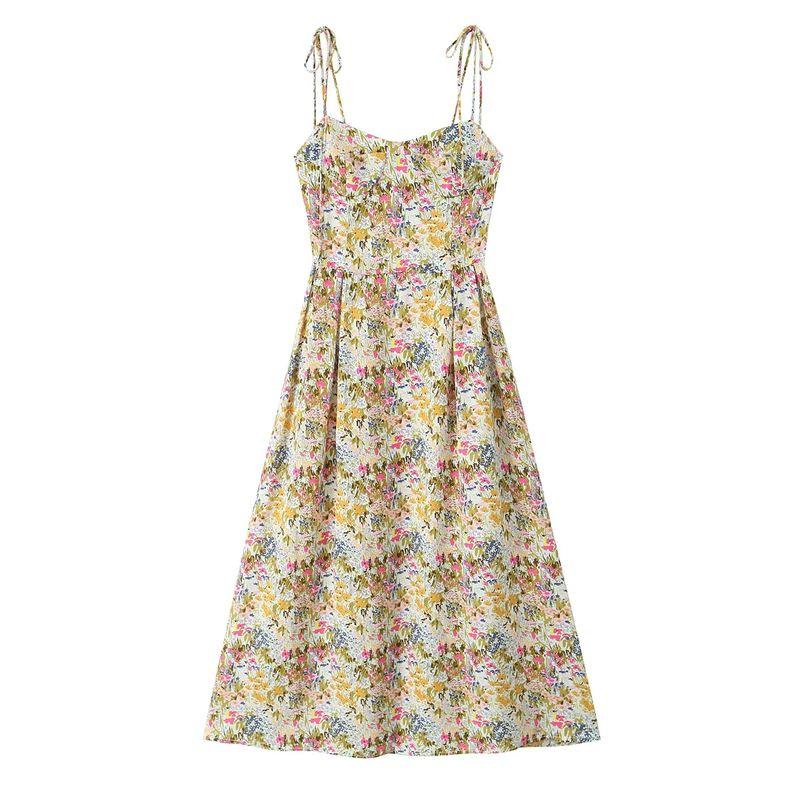 

Весна Новая Женская Одежда Французский Приморский Стиль для Отпуска Утягивающее Платье Мини Длинное на Бретелях Спагетти с Принтом и Отделкой Талии Flower color L