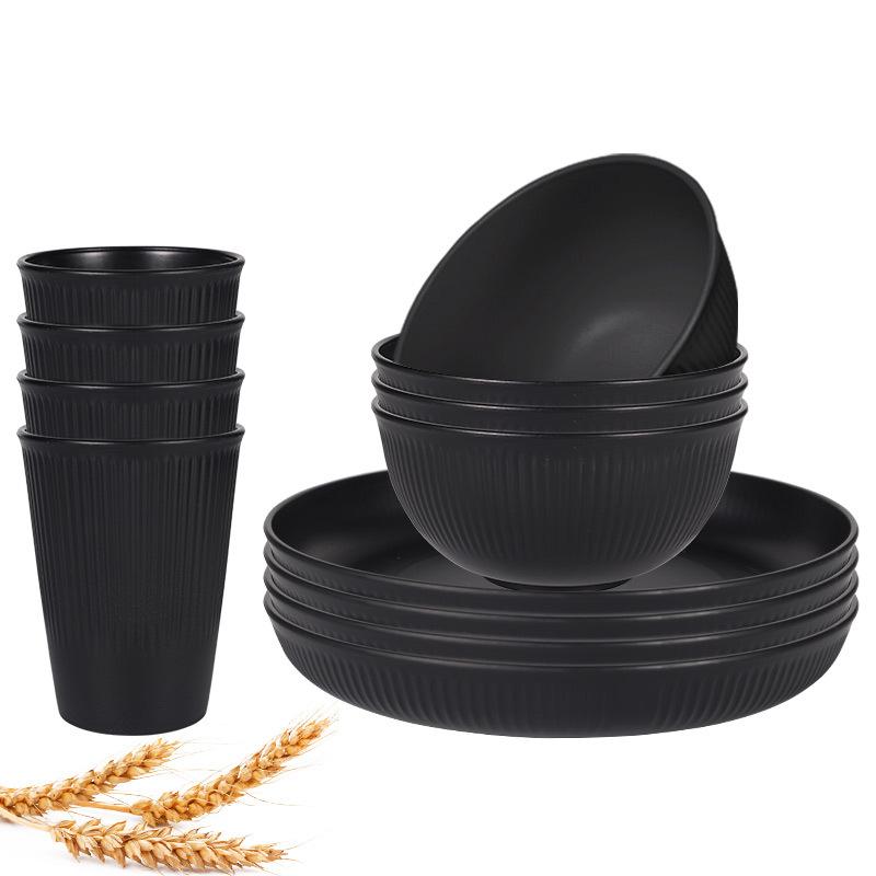 12 ks Sada nádobí ze pšeničné slámy Nerozbitná sada talířů a misek Opakovaně použitelné sady nádobí Vhodné do myčky a mikrovlnné trouby