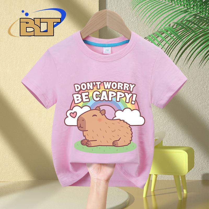 Cute Capybara And Rainbow Dont Worry Be Cappy kidsTshirt summer pure cotton shortsleeved casual top for boys and girls