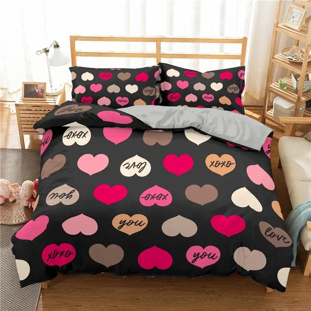Liebesherz Bettbezug Set King Size Schwarz Rot Herz Punkt Twin Bettdeckenbezug Pfeil der Liebe Polyester Bettwäscheset für Teenager Paare