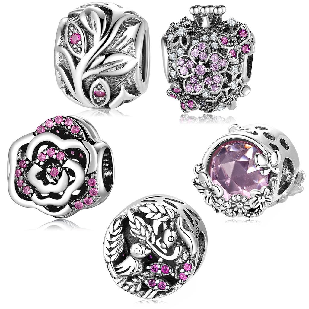 S925 Sterling Silver Diamond Beaded Pink Purple Sparkling Peach Bracelet DIY Accessories Beads