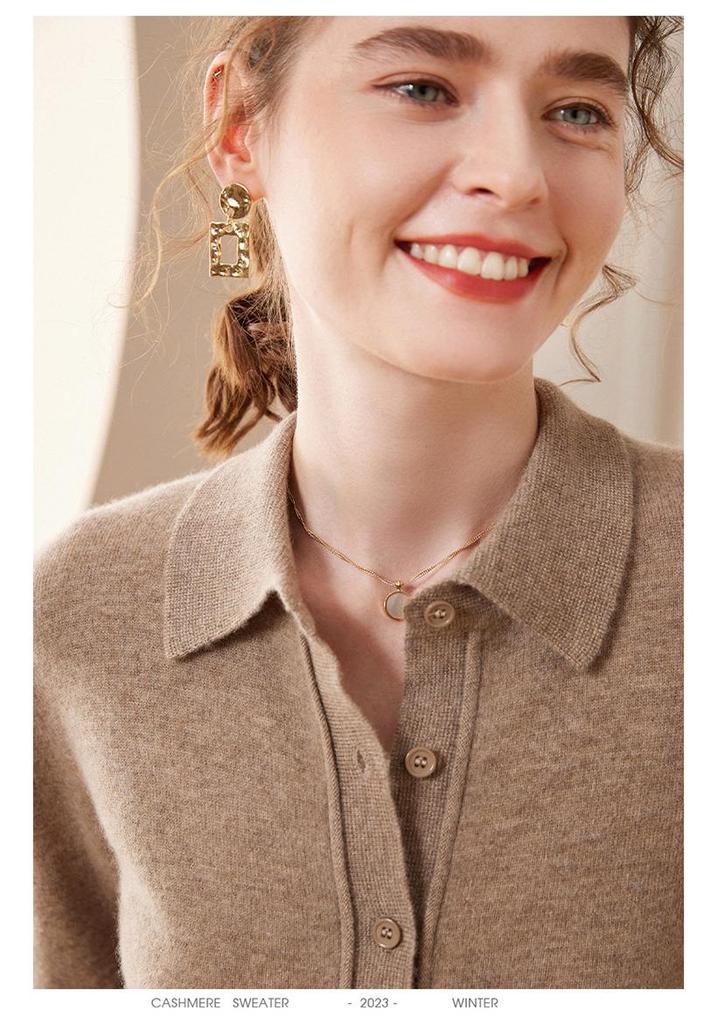 Women's Fashion Cashmere POLO Collar Long Sleeve Cardigan Sweater