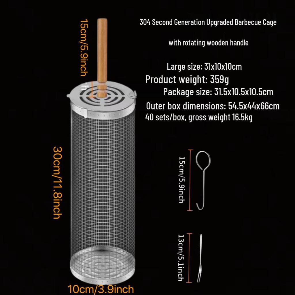 Outdoor BBQ Rolling Grill Basket, 304 Stainless Steel Barbecue Cylinder Net Cage.