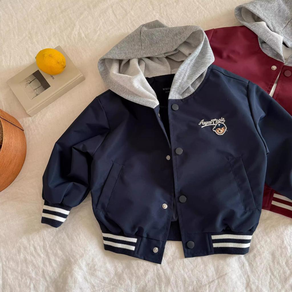 Kids Spring Autumn Hooded Baseball Jacket with Cartoon Embroidery for Boys and Girls