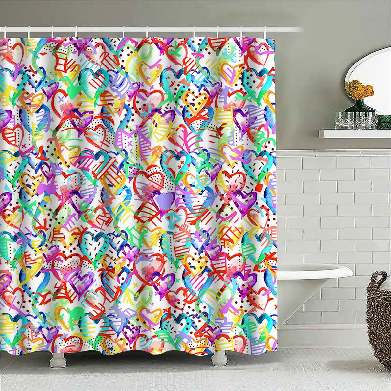 Colorful Love Heart Print Shower Curtain Waterproof Decorative Bathroom Liner Set