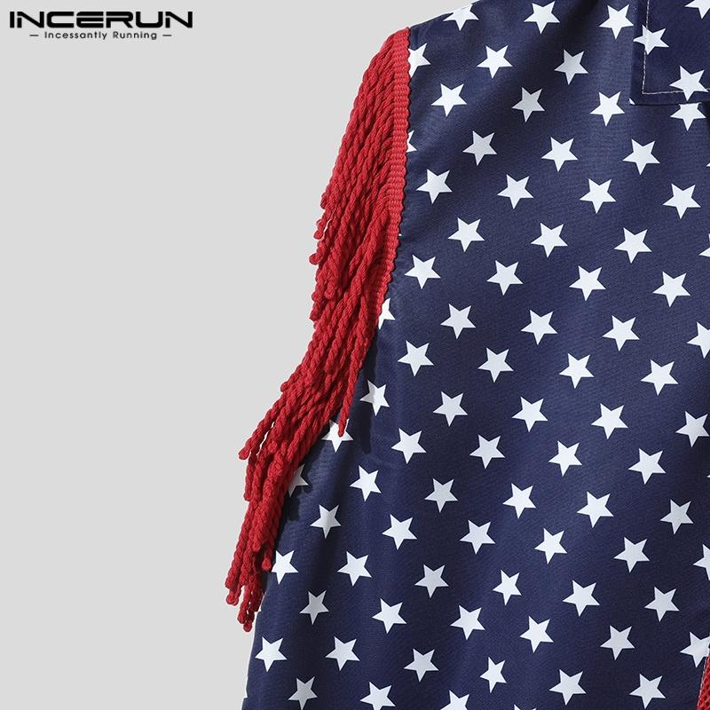 INCERUN Summer Men Lapel Tassel Sleeve Stitching Print Mesh Sheer Casual Tank Tops