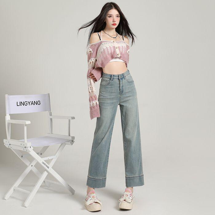 

Shanggu Women s High-Waisted Fleece-Lined Jeans, Straight & Wide-Leg, Petite Nine-Tenths Length for Autumn/Winter. XS