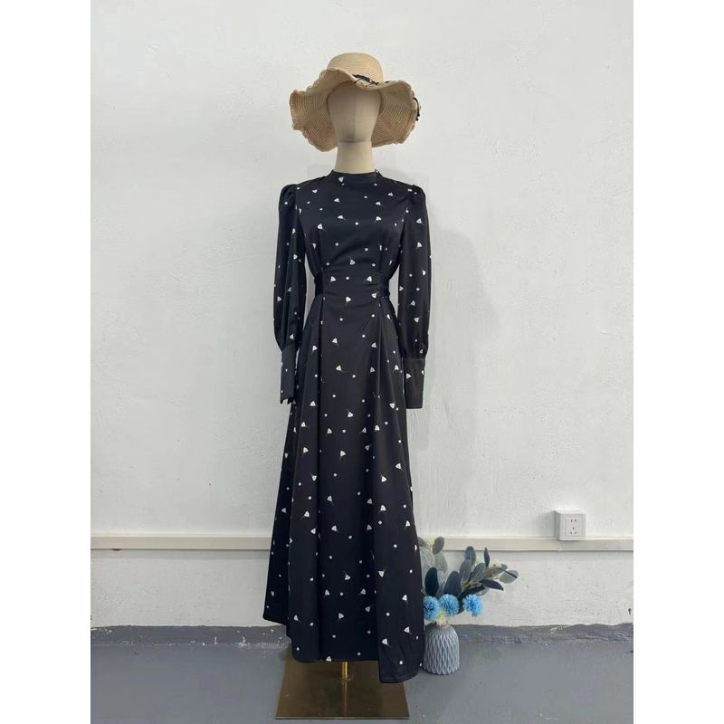 

European and American New Black Loose Lace-up Long dress Floral Satin Dress Lace up Printed Dress Image color 2XL