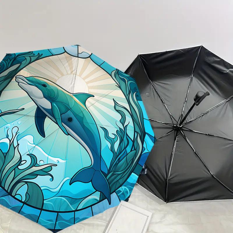 1PC Dolphin Stained Glass Automatic Open/Close Umbrella with Windproof, 8-Rib Sturdy Canopy, Durable Ribs, Fashionable Design,1248A