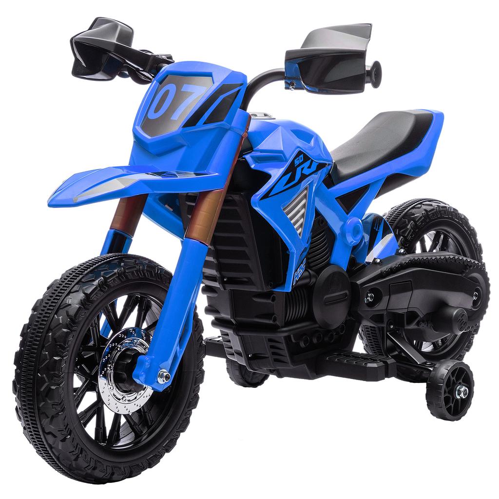 Elektrisches Motocross-Fahrrad für Kinder, Alter 3-8, 6 V, 2 Motoren, Stützräder, 30 kg Traglast, Blau