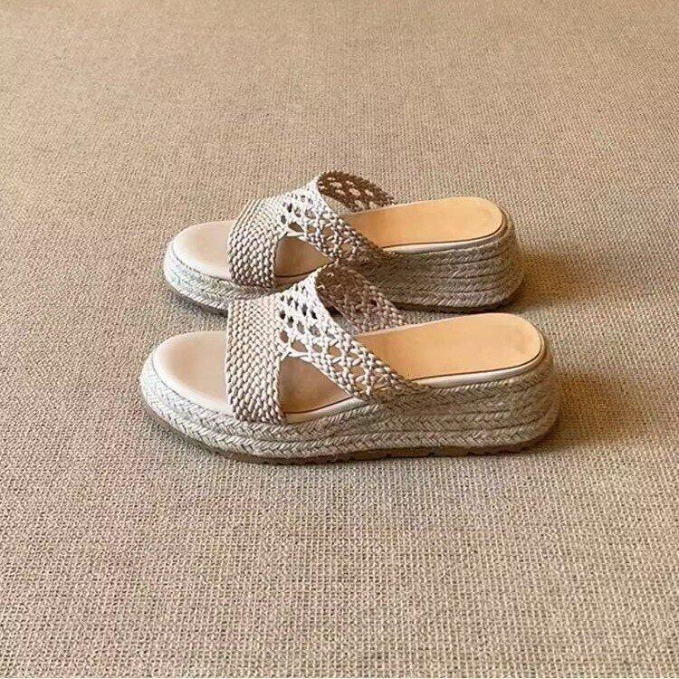 Sheepskin Version~ Thick-soled Retro Straw Woven One-word Sandals Women's Versatile Super Fire Leather Woven Comfortable Commuter Fisherman Shoes