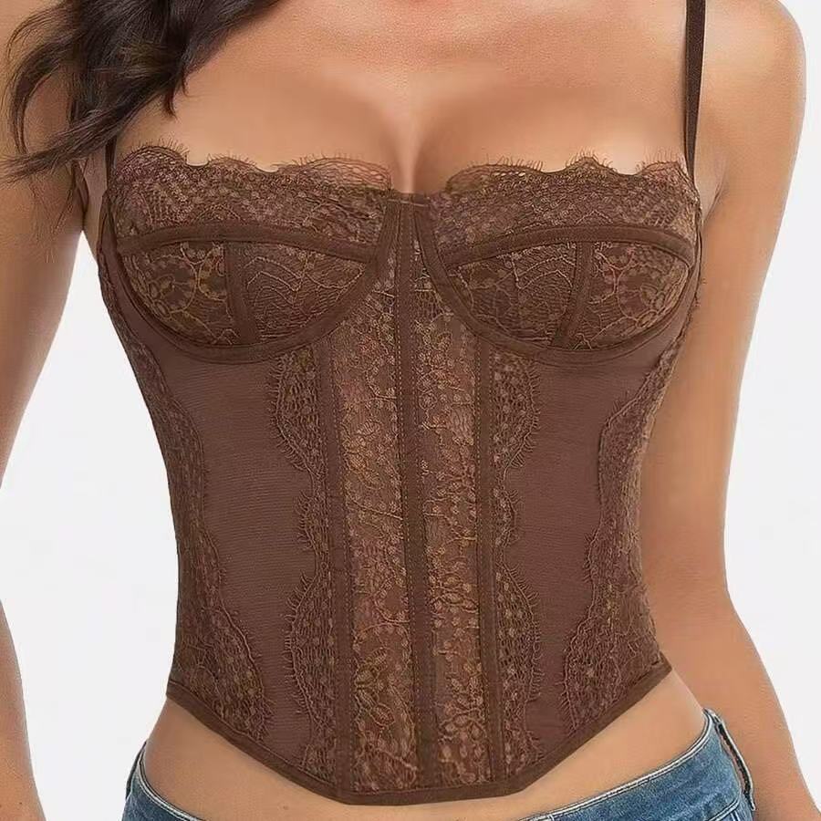 European and American Explosive Spice Girls Sexy Gathered Eyelashes Lace Perspective Pure Desire Corset Fishbone Corset Top