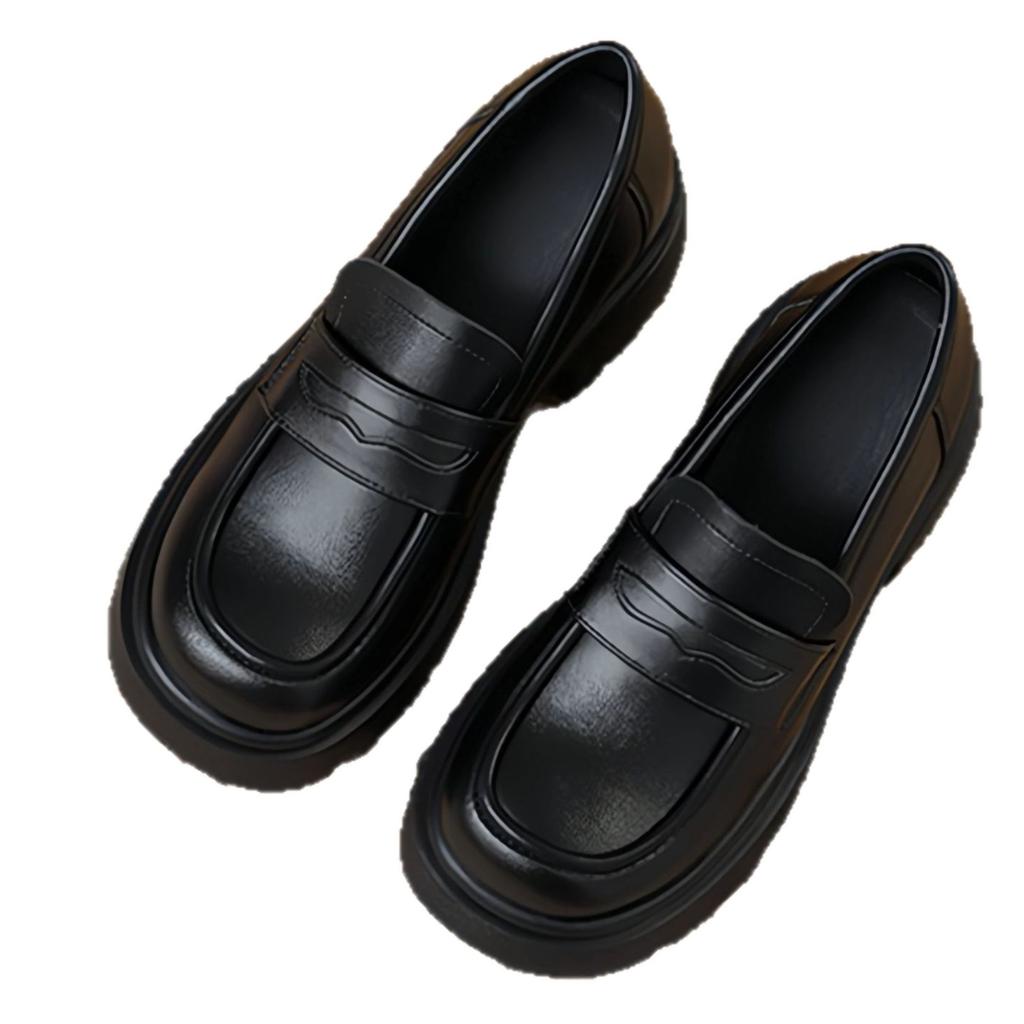 Leather Version~ Leather Heightened Platform Loafers Women's Black Round Head Thick Heel Single Shoes Retro British Style Small Leather Shoes