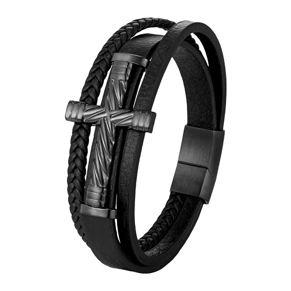 2026 Multi-layer Leather Rope Woven Men s Cross Bracelet Fashion Trendy Men s Bracelet 19CM