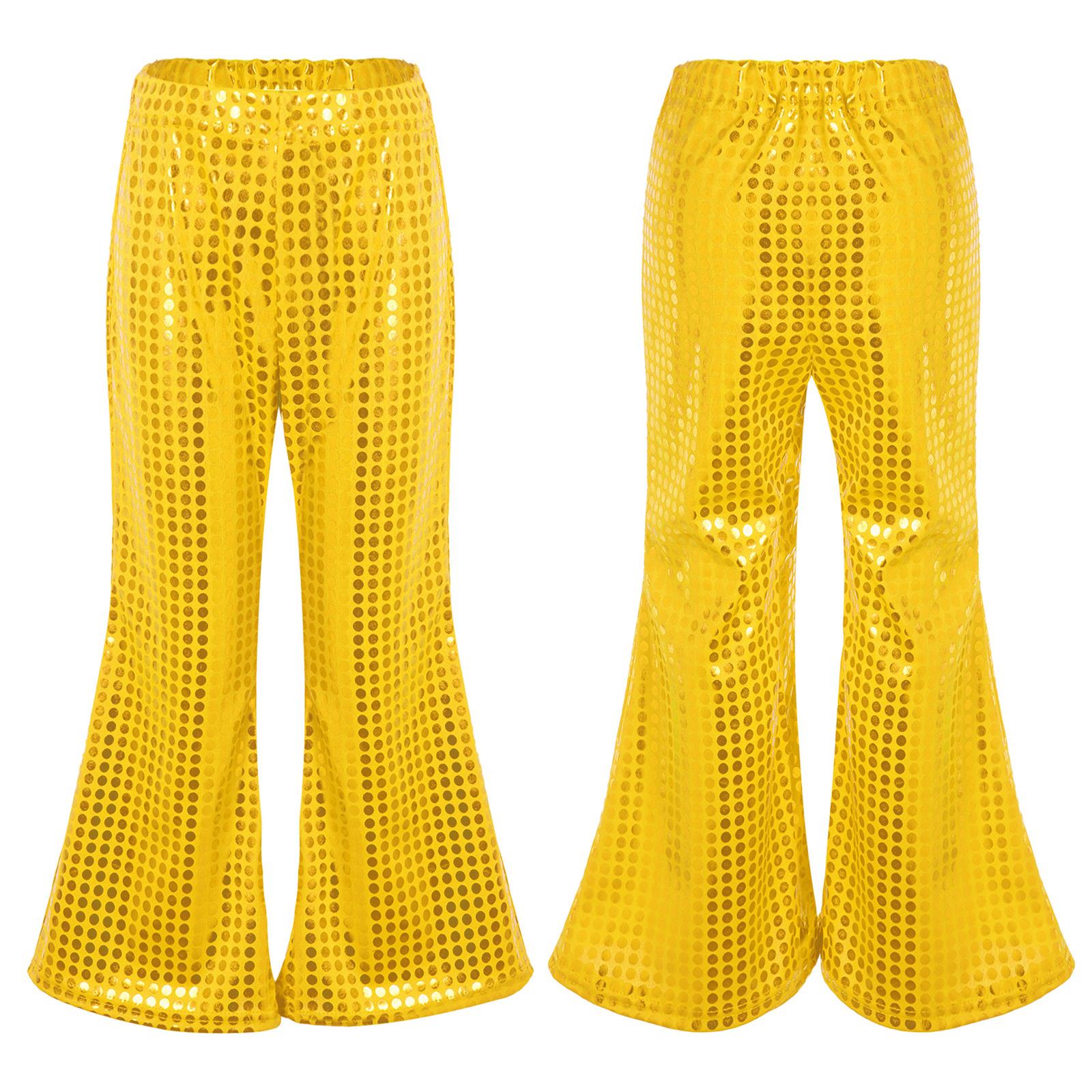 

Детская стильная одежда для мальчиков и девочек, расклешенные брюки с эластичным поясом, блестящие брюки с блестками для выступлений на сцене 9-10 Years золотой