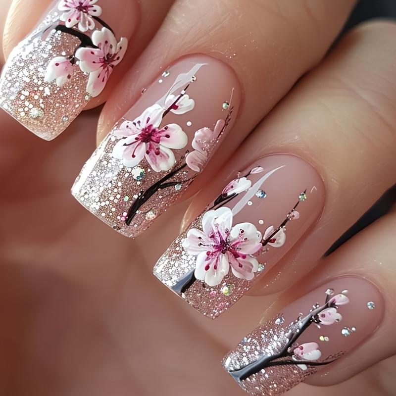 

24pcs - Spring/Summer Glossy Floral Press-On Nails - Medium-Short Fake Nails - Chinese Style with Peach Blossom Pattern and Glitter Design