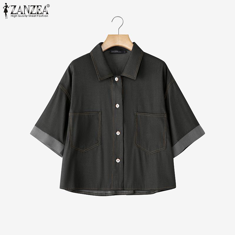 ZANZEA Women Turn Down Collar Summer Short Sleeve Blouse
