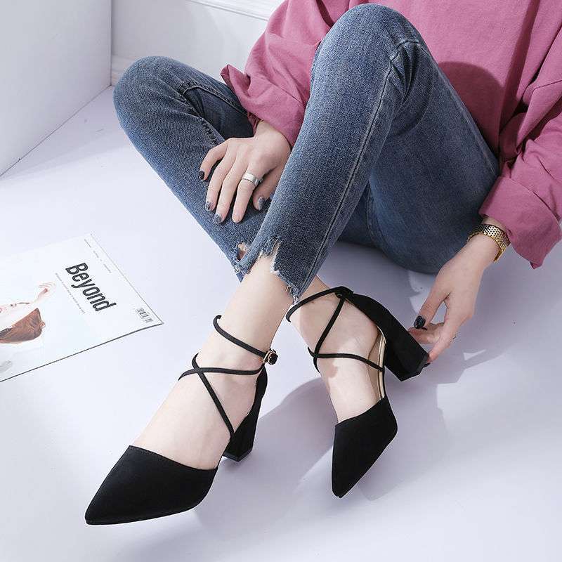 2025 Spring and Summer New Hollow Sandals Cross-strap Single Shoes Versatile Pointed One-word Buckle Korean Version of Thick-heeled Women's Shoes