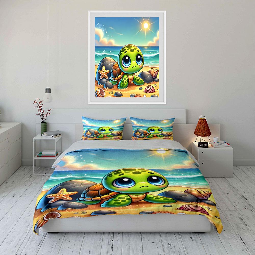Cute Turtle Beach Decorations Set Soft Comfortable Duvet Cover Bedding Set Included 1*Duvet Cover & 2*Pillowcases, Gift