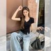 Pure Desire Irregular Hem V-neck Front Shoulder Short-sleeved T-shirt Women's Summer New Niche Unique and Beautiful Top