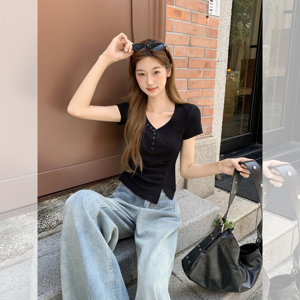 Pure Desire Irregular Hem V-neck Front Shoulder Short-sleeved T-shirt Women's Summer New Niche Unique and Beautiful Top