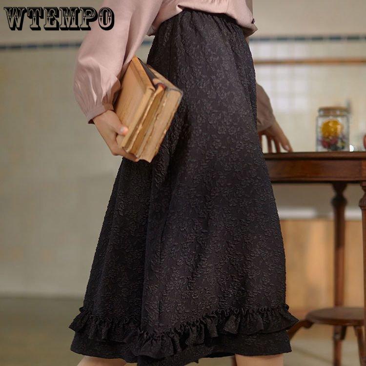 Black Skirt Women's Lace Jacquard Skirt Women's Summer Retro High Waist Mid-length Skirt Lolita Style