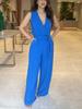 2024 Spring Women's Solid V-Neck Sleeveless Tie-Waist High-Waist Wide-Leg Jumpsuit