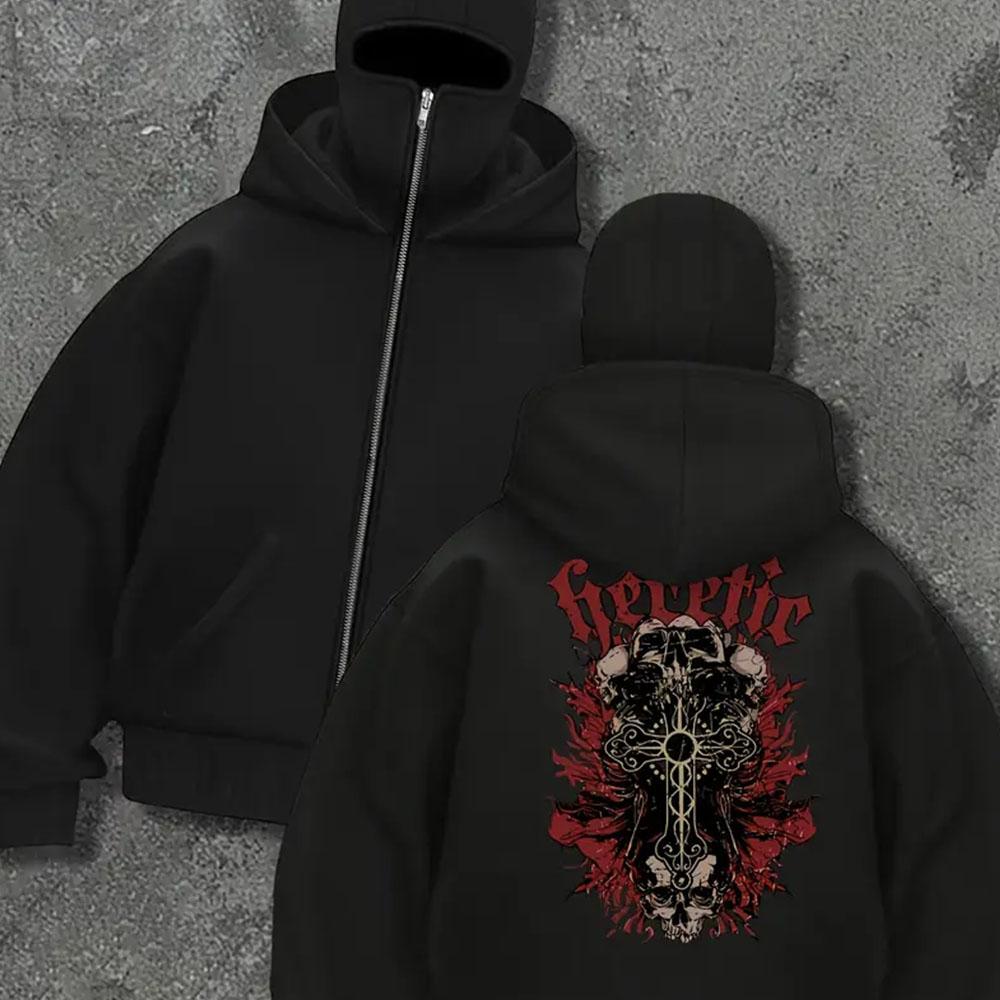 Men's Zipper Hoodie Personalized Pattern Printed Black Jacket, Sports and Leisure Loose Autumn/Winter Hoodie, Outdoor Jacket Retro Trendy Style