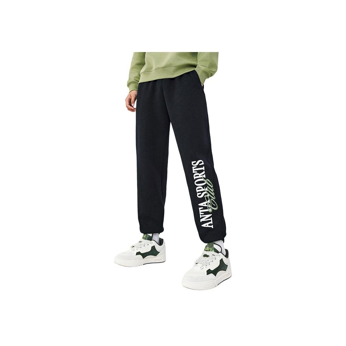 

Anta Трикотажные спортивные брюки с надписью средней посадки и манжетами на завязках, мужские базовые, черные 152438306-2