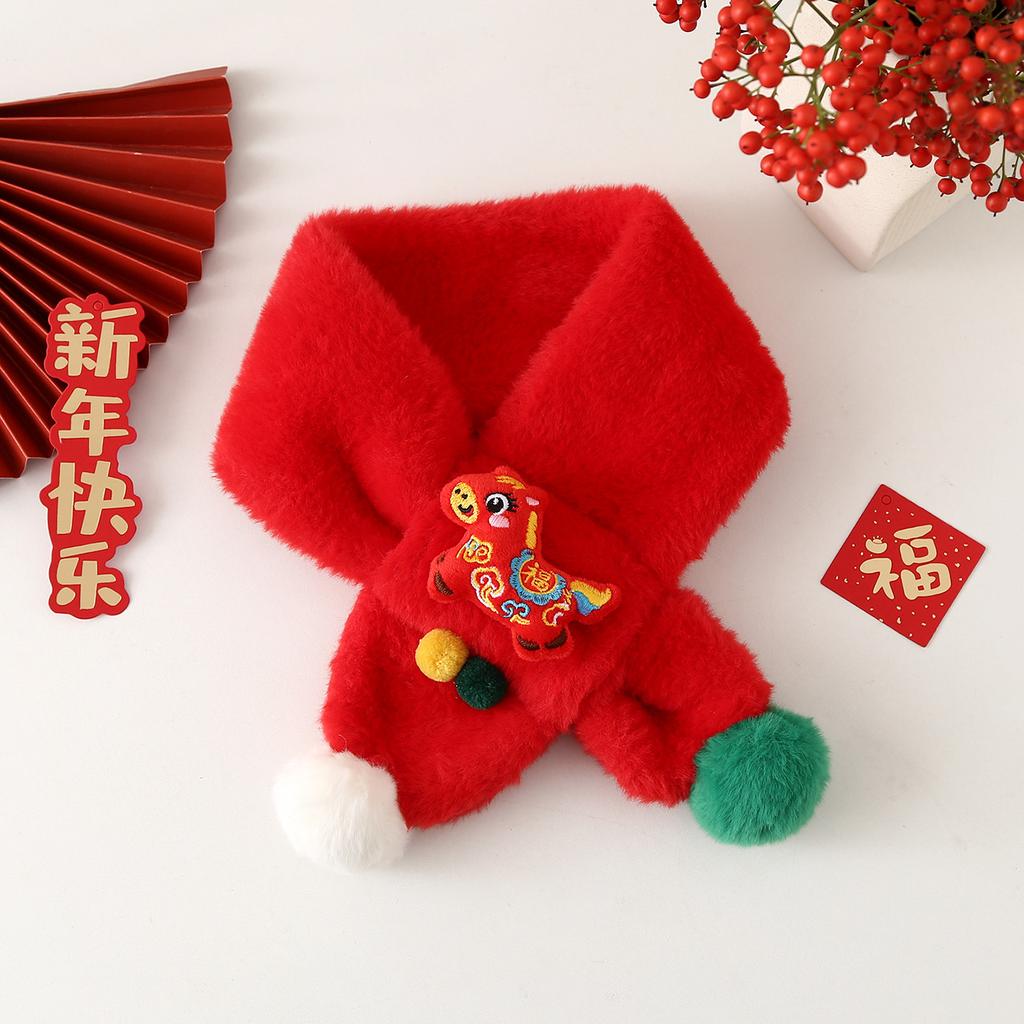 Autumn Winter Children's Scarf Chinese Style Zodiac Animals Red Scarf Cartoon Pony Plush Neck Warm Scarves New Year Gift