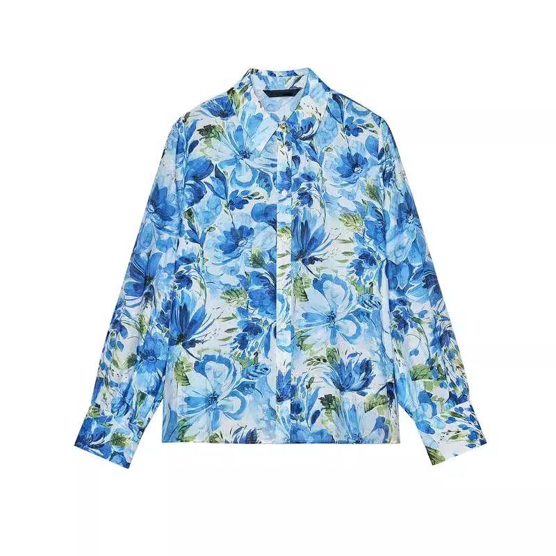 Spring New Women's Clothing Flower Print Fashion Vertical Lapel Long Sleeve Shirt 5029055 5029053