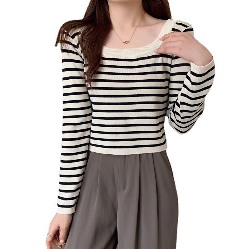 Knitted sweater women's new autumn exposed collarbone striped chic gentle long-sleeved sweater with bottoming shirt top