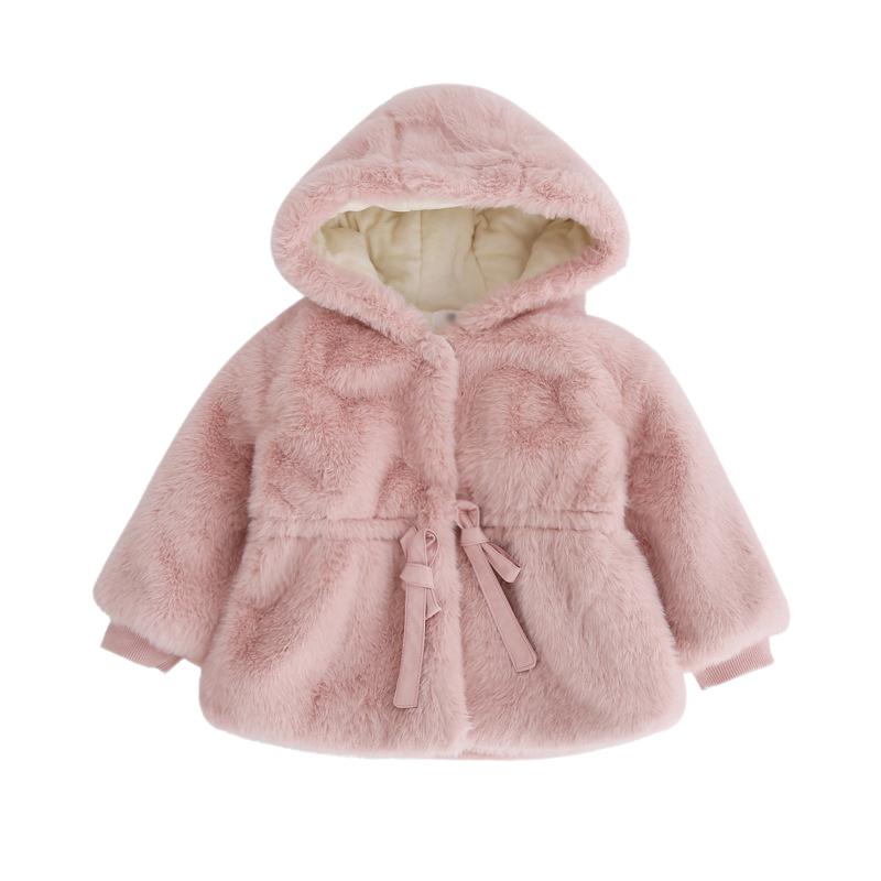 Children Girl's Artificial Mink Fur Plush Thick Single-breasted Hooded Coat