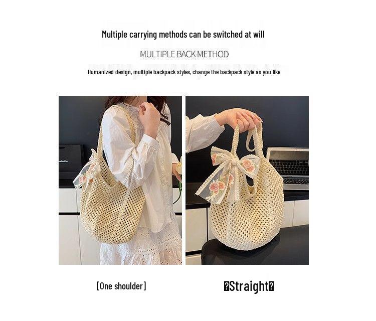 Women's Cotton Thread Knitted Shoulder Tote – Summer Large Capacity Floral Beach Bag