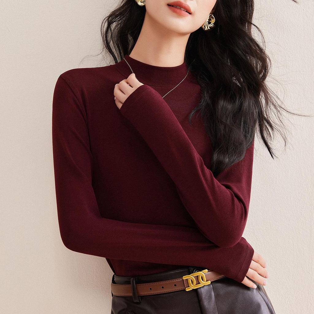 Women’s Tencel Wool Long Sleeve Stand Collar T-Shirt, Spring 2026, Thin White Base Layer, Set-in Shoulders