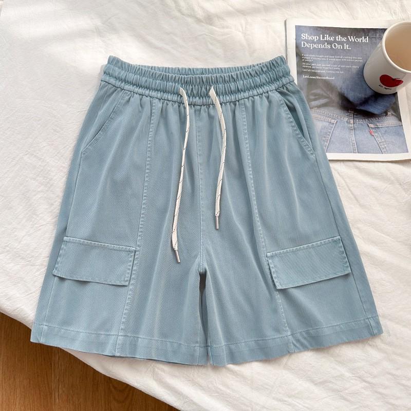 Womens Tencel Denim Shorts High Waist Loose Fit Cropped Wide Leg Cargo Style